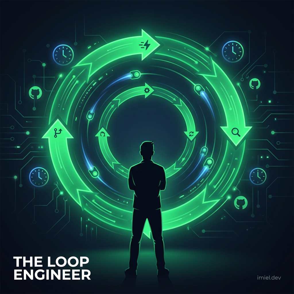 The Loop Engineer: a developer silhouette watching an autonomous loop cycle run without intervention